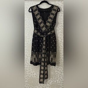 Anna Sui Women’s XL Black Boho Print 100% SILK Belted Wrap Short Dress